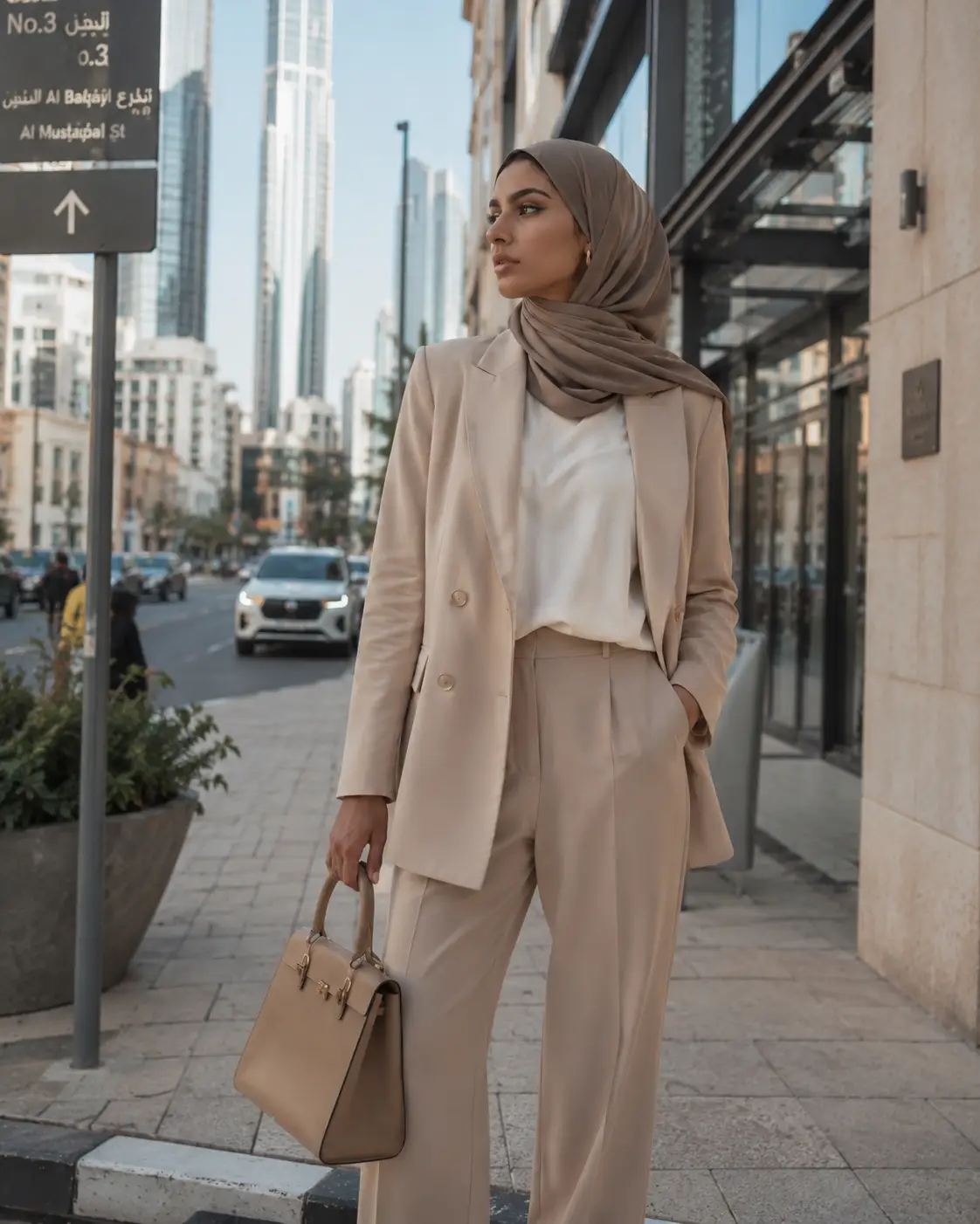 Neutral tailored suit styled on a city street